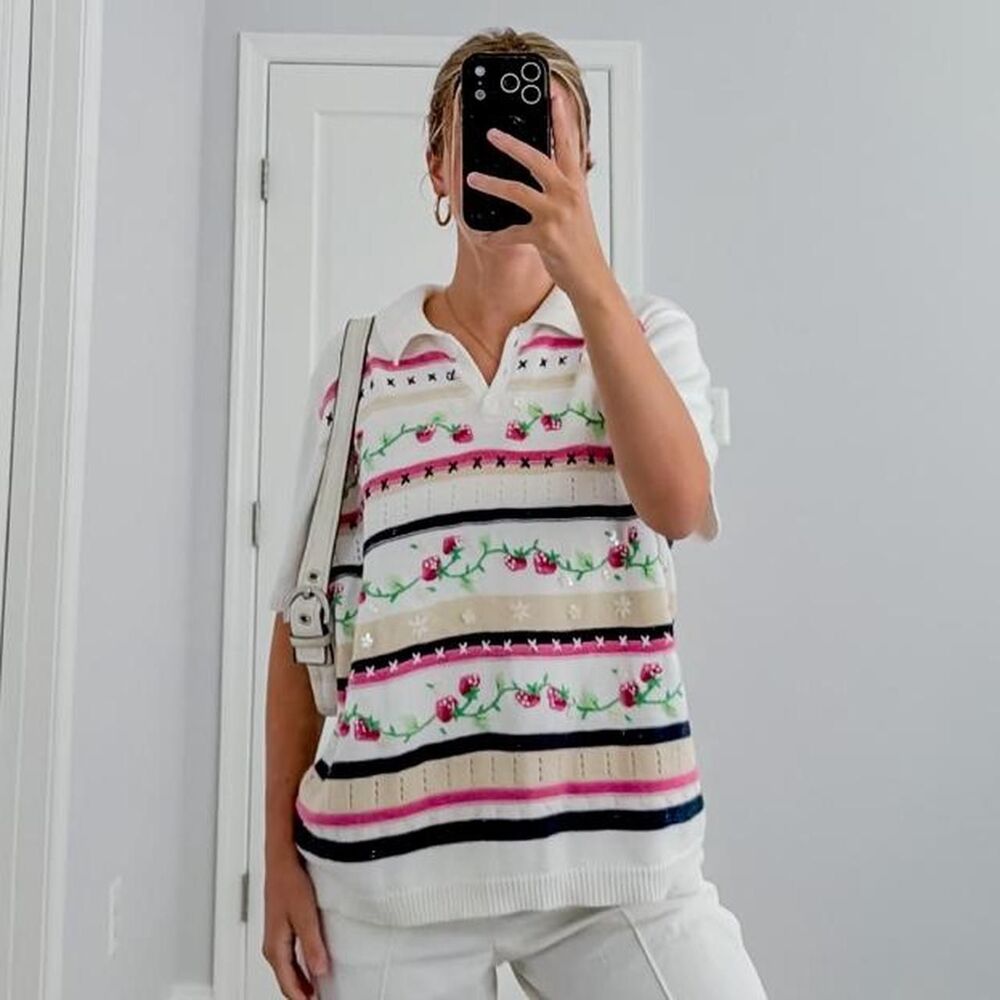 90s cottage strawberry knit top